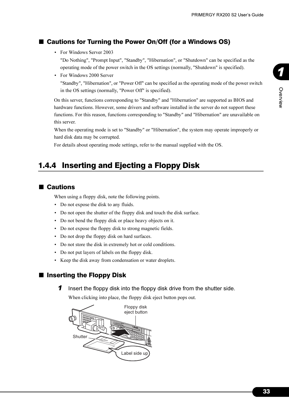 4 inserting and ejecting a floppy disk, Cautions, Inserting the floppy disk | FUJITSU Primergy RX200 S2 User Manual | Page 33 / 307