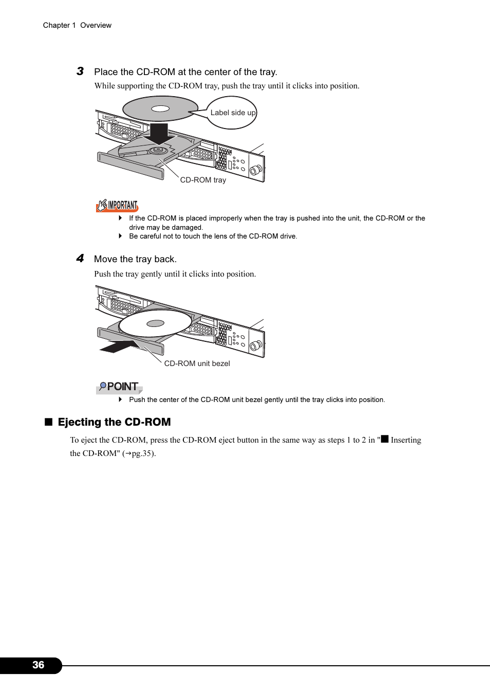 Ejecting the cd-rom | FUJITSU Primergy RX200 S2 User Manual | Page 36 / 307