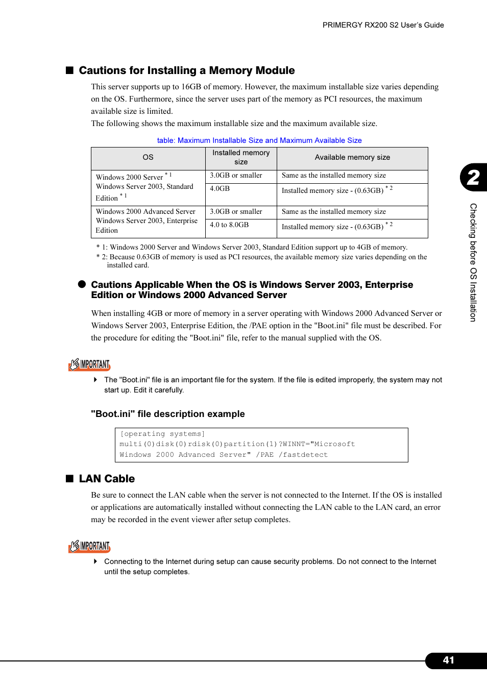 Lan cable | FUJITSU Primergy RX200 S2 User Manual | Page 41 / 307