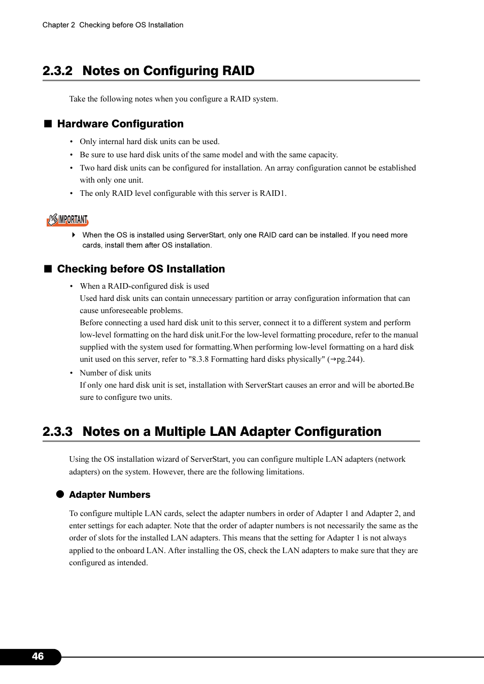 2 notes on configuring raid, 3 notes on a multiple lan adapter configuration, Hardware configuration | Checking before os installation | FUJITSU Primergy RX200 S2 User Manual | Page 46 / 307