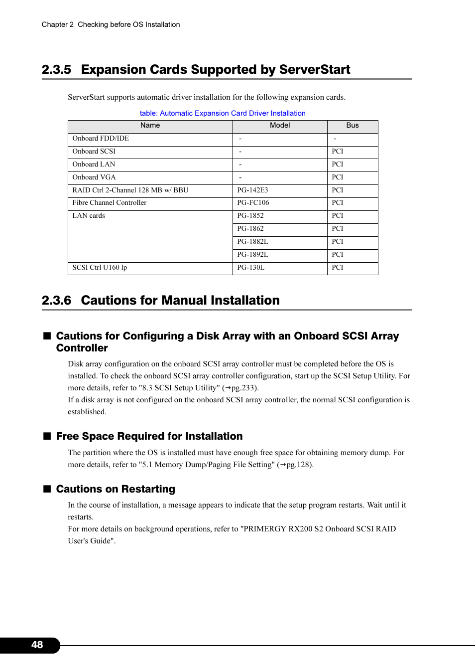 5 expansion cards supported by serverstart, 6 cautions for manual installation, Free space required for installation | Cautions on restarting | FUJITSU Primergy RX200 S2 User Manual | Page 48 / 307
