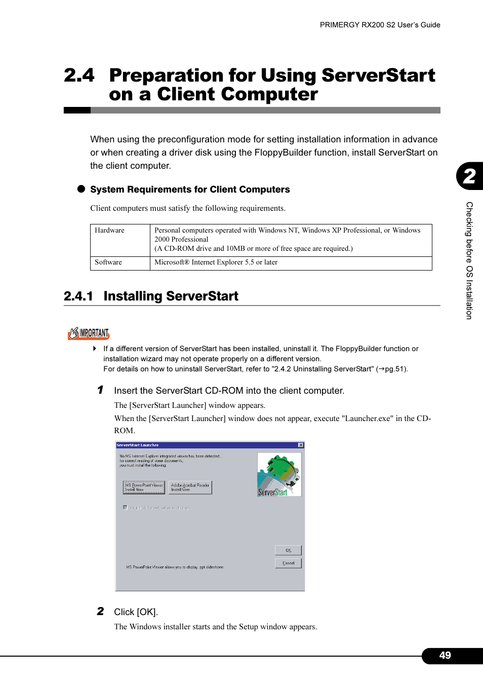 1 installing serverstart | FUJITSU Primergy RX200 S2 User Manual | Page 49 / 307