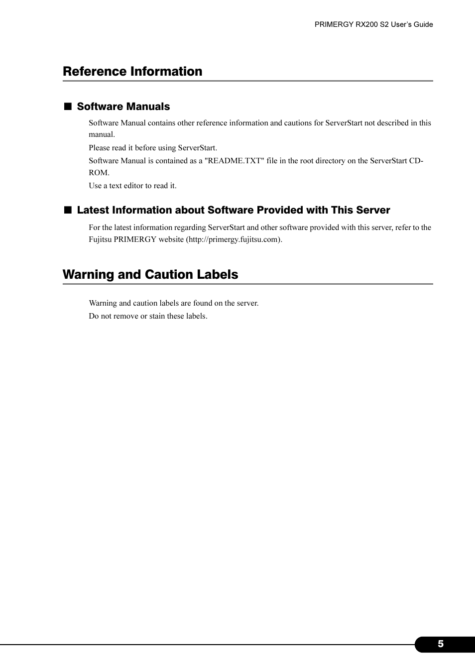 Reference information, Warning and caution labels | FUJITSU Primergy RX200 S2 User Manual | Page 5 / 307