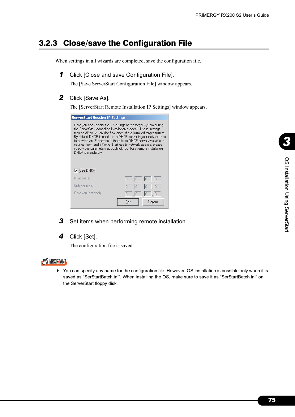 3 close/save the configuration file | FUJITSU Primergy RX200 S2 User Manual | Page 75 / 307