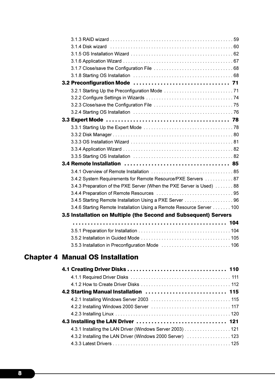 Chapter 4 manual os installation | FUJITSU Primergy RX200 S2 User Manual | Page 8 / 307