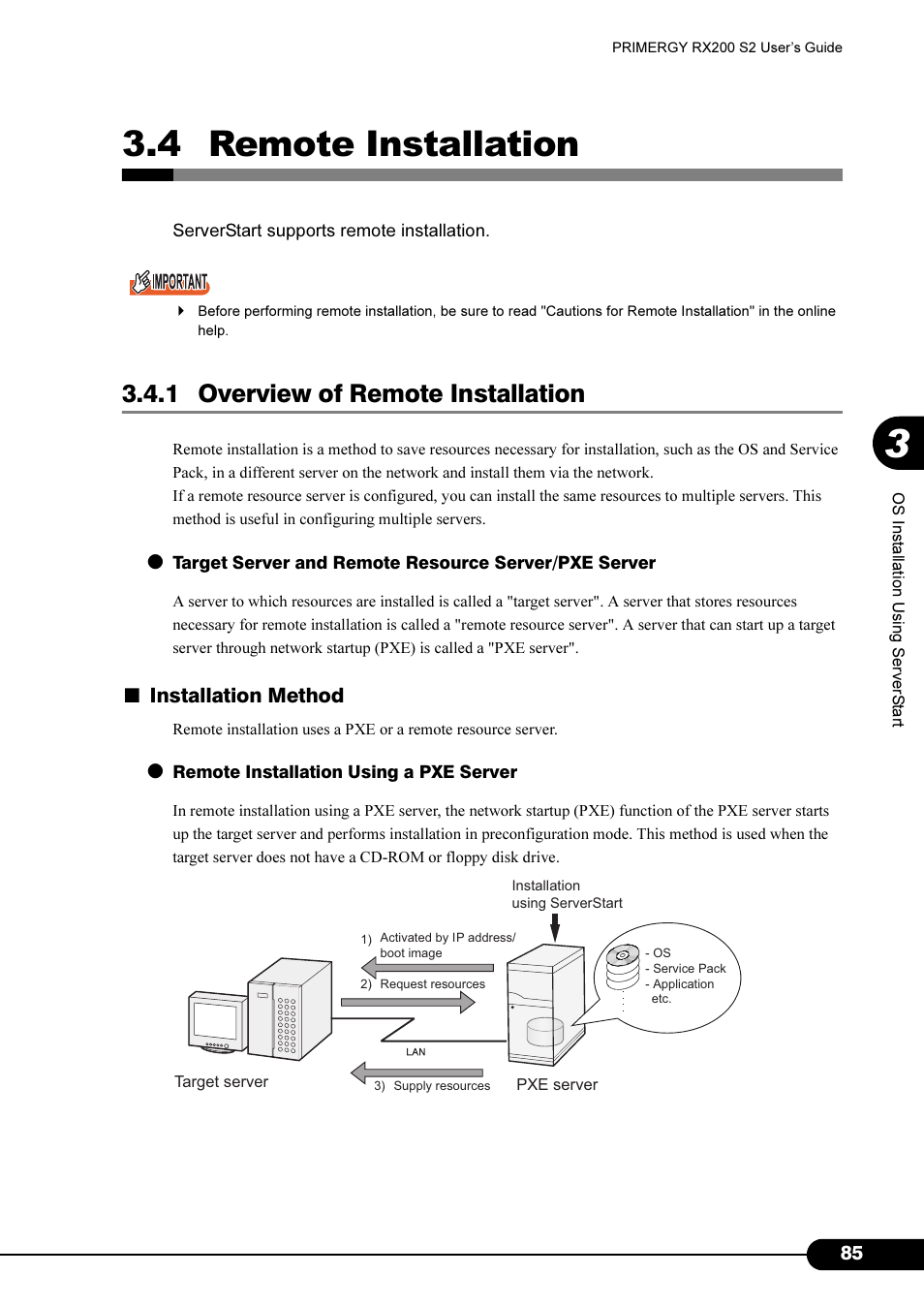 4 remote installation, 1 overview of remote installation, Installation method | FUJITSU Primergy RX200 S2 User Manual | Page 85 / 307