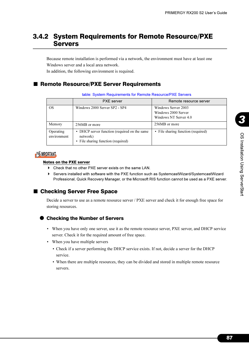 Remote resource/pxe server requirements, Checking server free space | FUJITSU Primergy RX200 S2 User Manual | Page 87 / 307