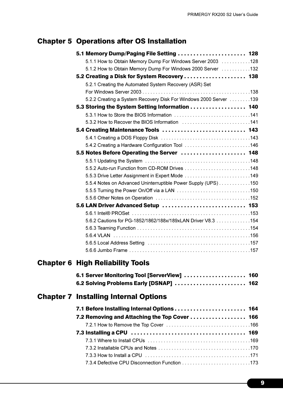 Chapter 5 operations after os installation, Chapter 6 high reliability tools, Chapter 7 installing internal options | FUJITSU Primergy RX200 S2 User Manual | Page 9 / 307