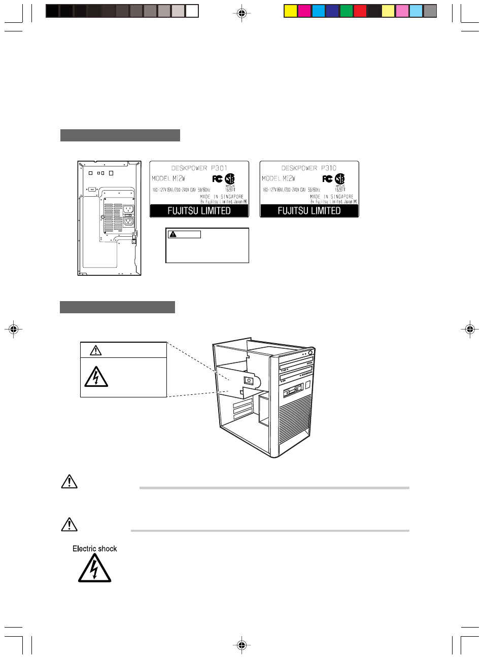 Warning and caution labels, Attention, Warning | Rear of the pc main unit, Inside the pc main unit | FUJITSU DESKPOWER P310 User Manual | Page 12 / 56