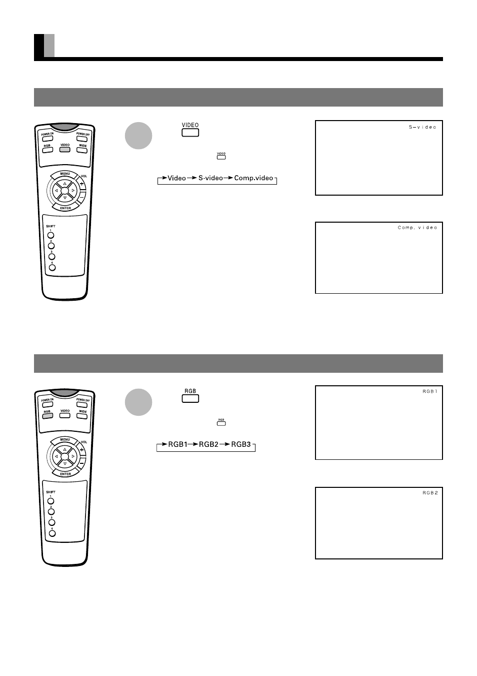 Selecting input mode, Video input mode rgb input mode | FUJITSU PDS4234W User Manual | Page 17 / 48