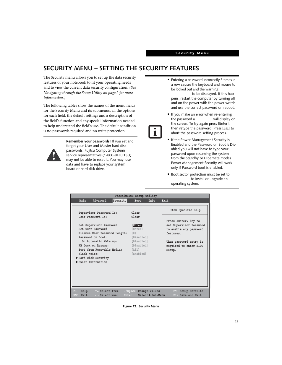 Security menu - setting the security features, Security menu – setting the security features | FUJITSU A6020 User Manual | Page 19 / 28