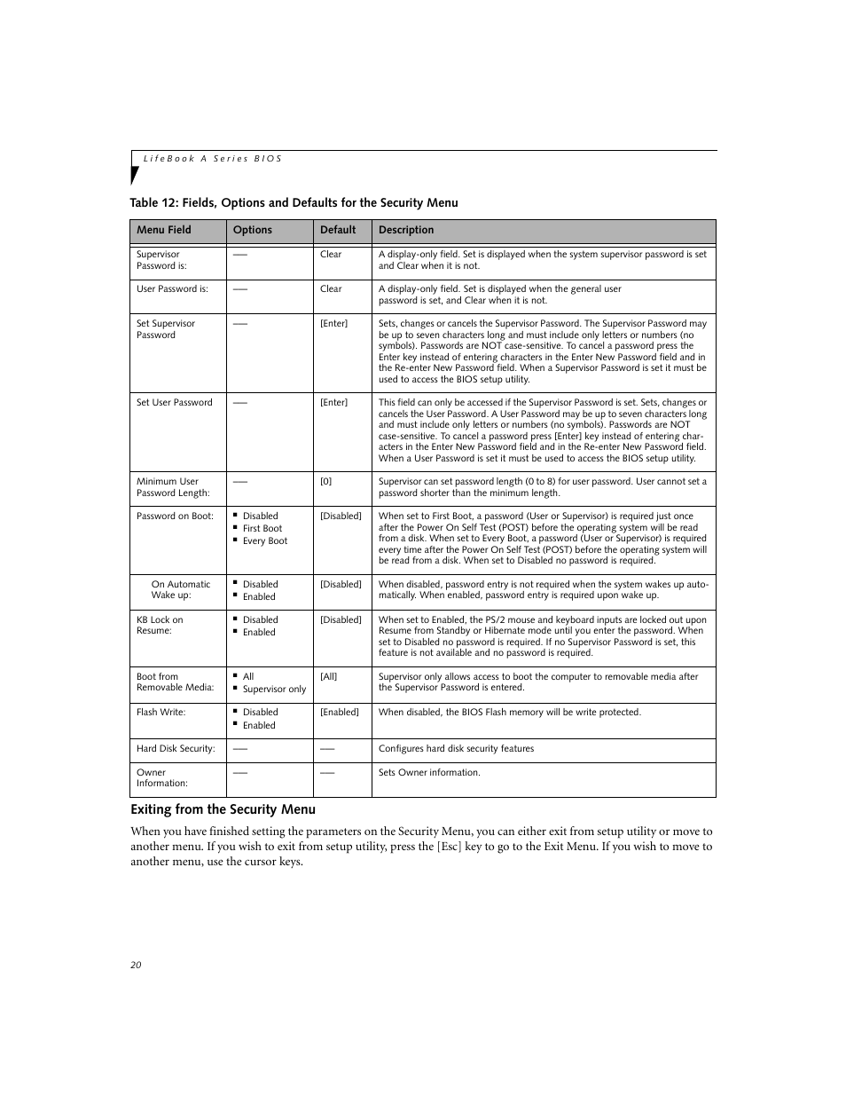 Exiting from the security menu | FUJITSU A6020 User Manual | Page 20 / 28