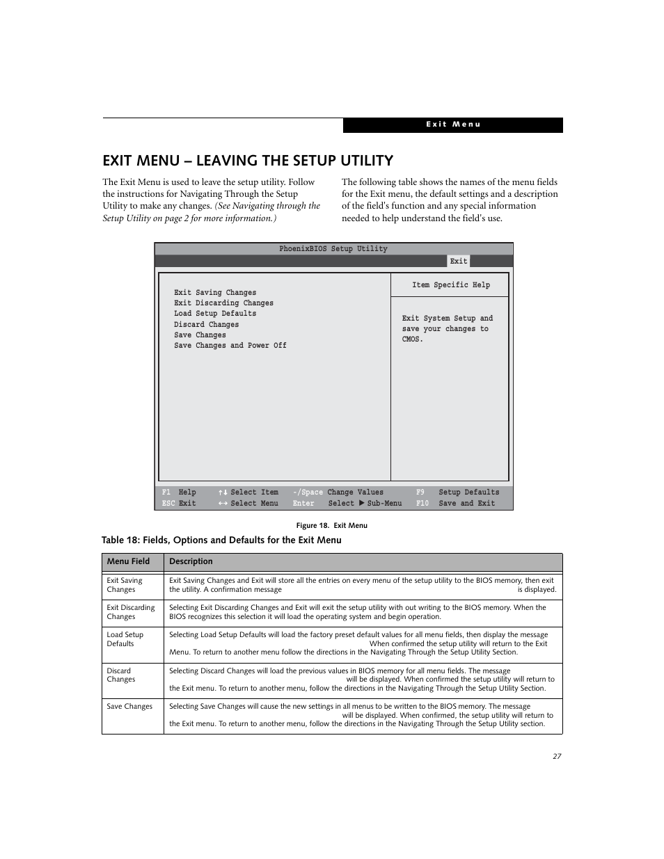 Exit menu - leaving the setup utility, Exit menu – leaving the setup utility | FUJITSU A6020 User Manual | Page 27 / 28