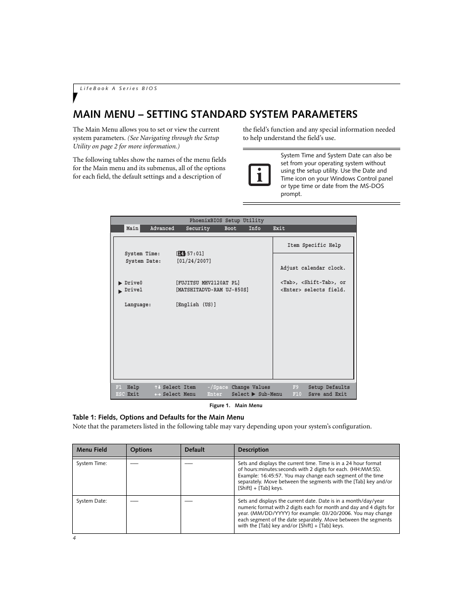 Main menu - setting standard system parameters, Main menu – setting standard system parameters | FUJITSU A6020 User Manual | Page 4 / 28
