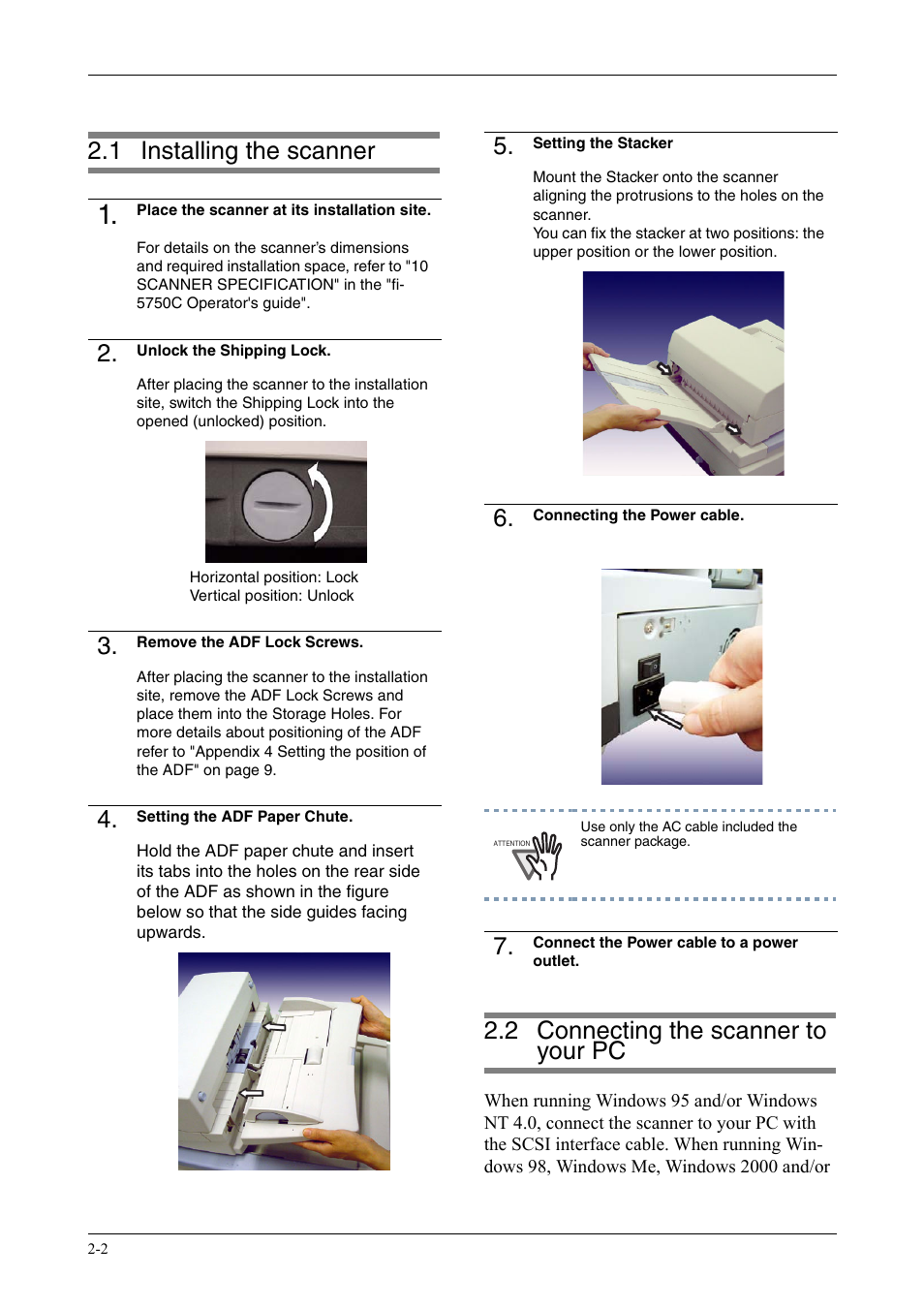1 installing the scanner, 2 connecting the scanner to your pc, Installing the scanner -2 | Connecting the scanner to your pc -2 | FUJITSU fi-5750C User Manual | Page 18 / 40