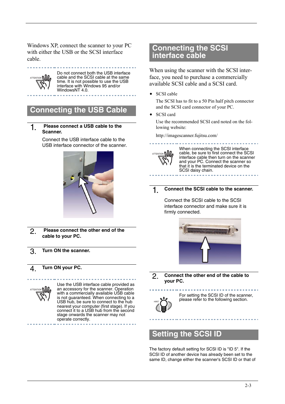 Connecting the usb cable, Connecting the scsi interface cable, Setting the scsi id | FUJITSU fi-5750C User Manual | Page 19 / 40