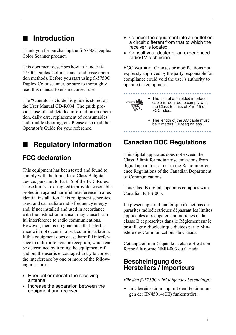 Introduction, Regulatory information, Fcc declaration | Canadian doc regulations, Bescheinigung des herstellers / importeurs | FUJITSU fi-5750C User Manual | Page 3 / 40