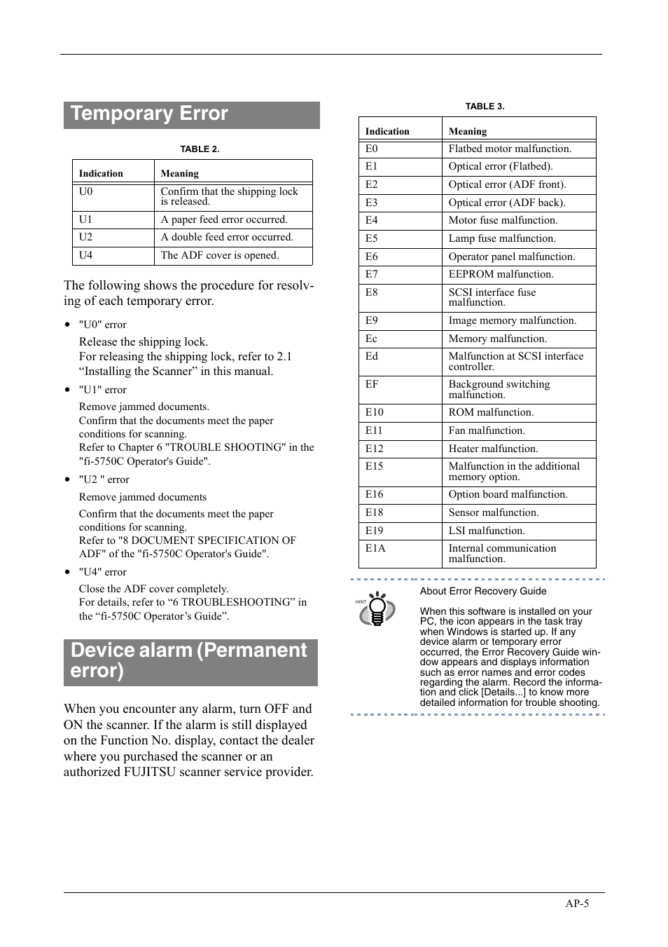 Temporary error, Device alarm (permanent error) | FUJITSU fi-5750C User Manual | Page 35 / 40