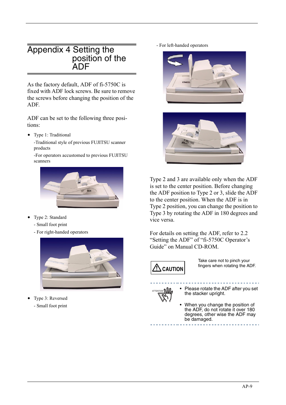 Appendix 4 setting the position of the adf, Ap-9 | FUJITSU fi-5750C User Manual | Page 39 / 40