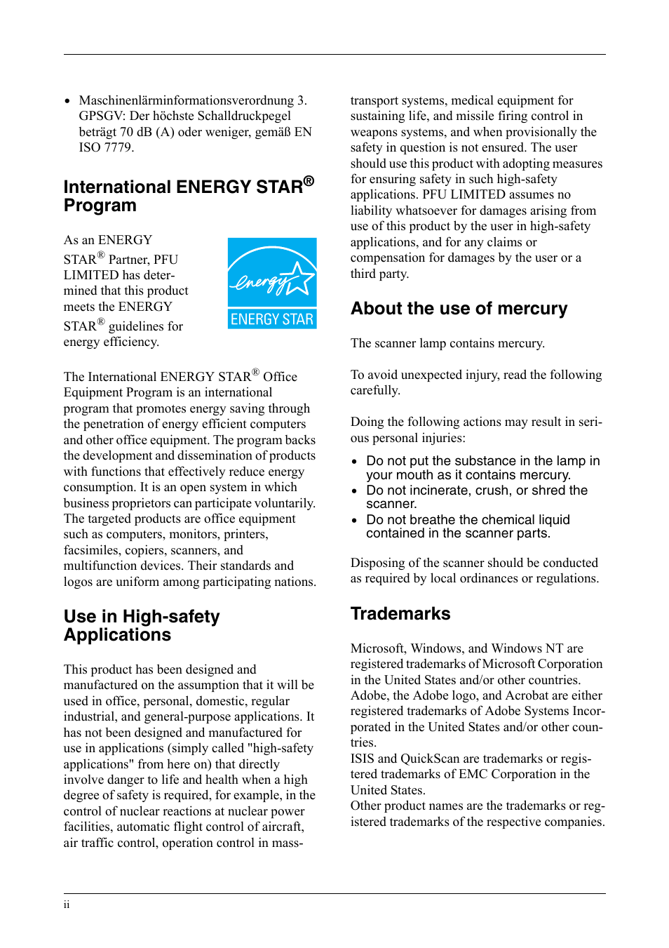 International energy star, Program, Use in high-safety applications | About the use of mercury, Trademarks | FUJITSU fi-5750C User Manual | Page 4 / 40