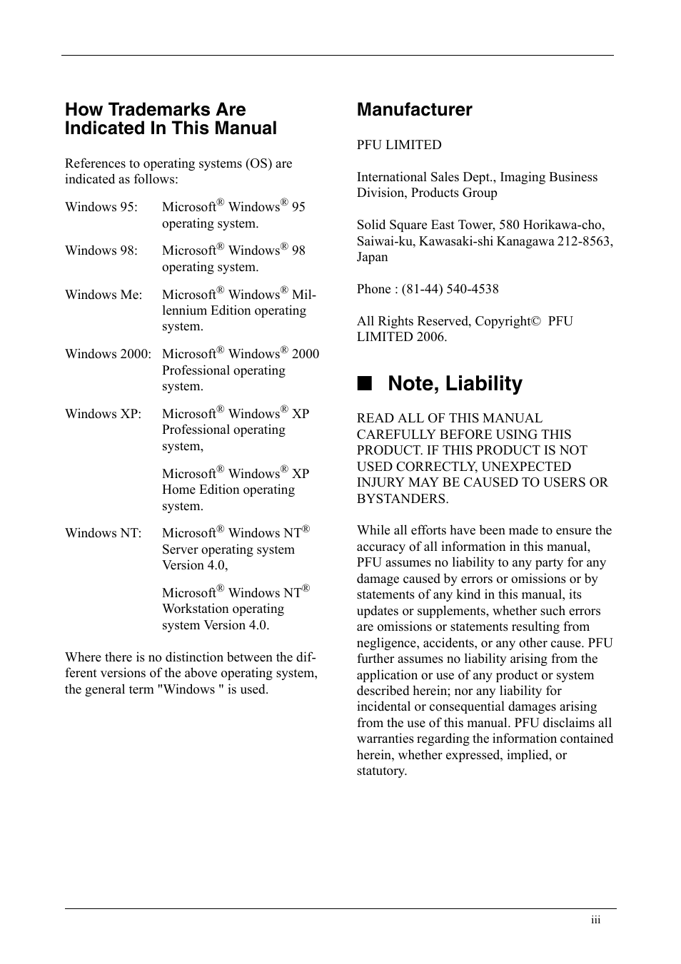 Note, liability, How trademarks are indicated in this manual, Manufacturer | FUJITSU fi-5750C User Manual | Page 5 / 40