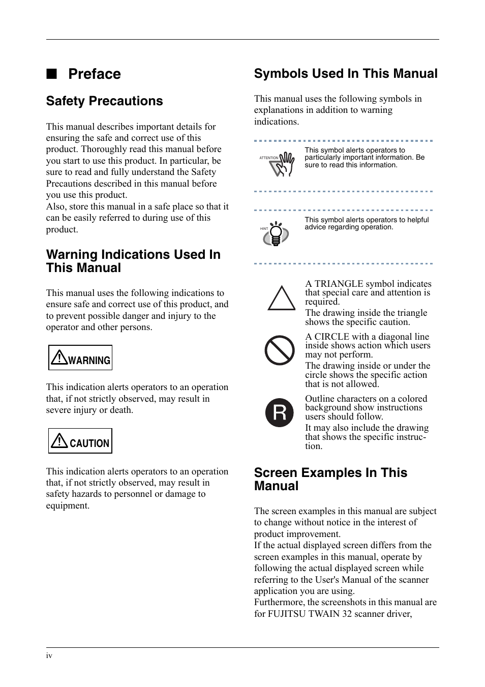 Preface, Safety precautions, Warning indications used in this manual | Symbols used in this manual, Screen examples in this manual | FUJITSU fi-5750C User Manual | Page 6 / 40