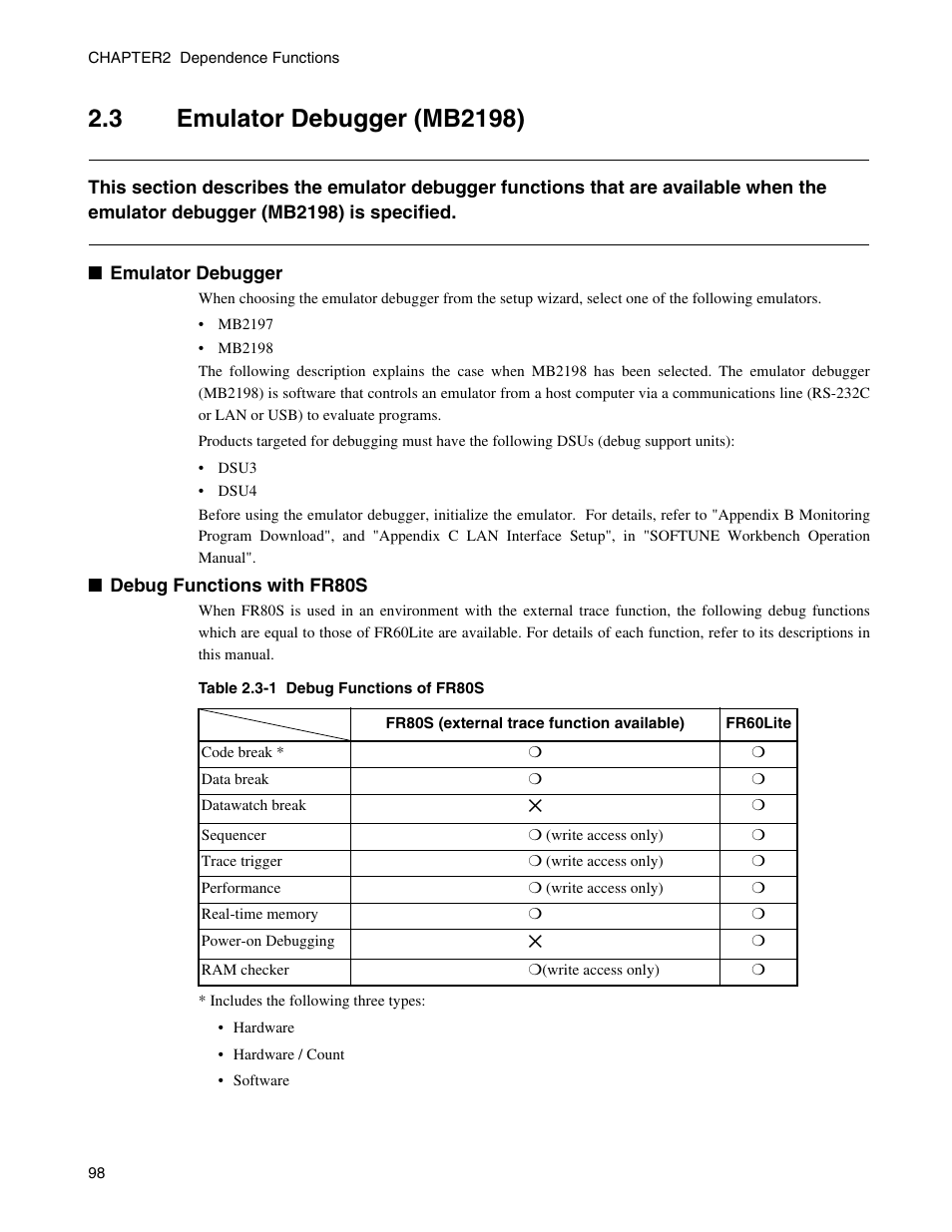 3 emulator debugger (mb2198), Emulator debugger (mb2198) | FUJITSU CM71-00329-7E User Manual | Page 108 / 234