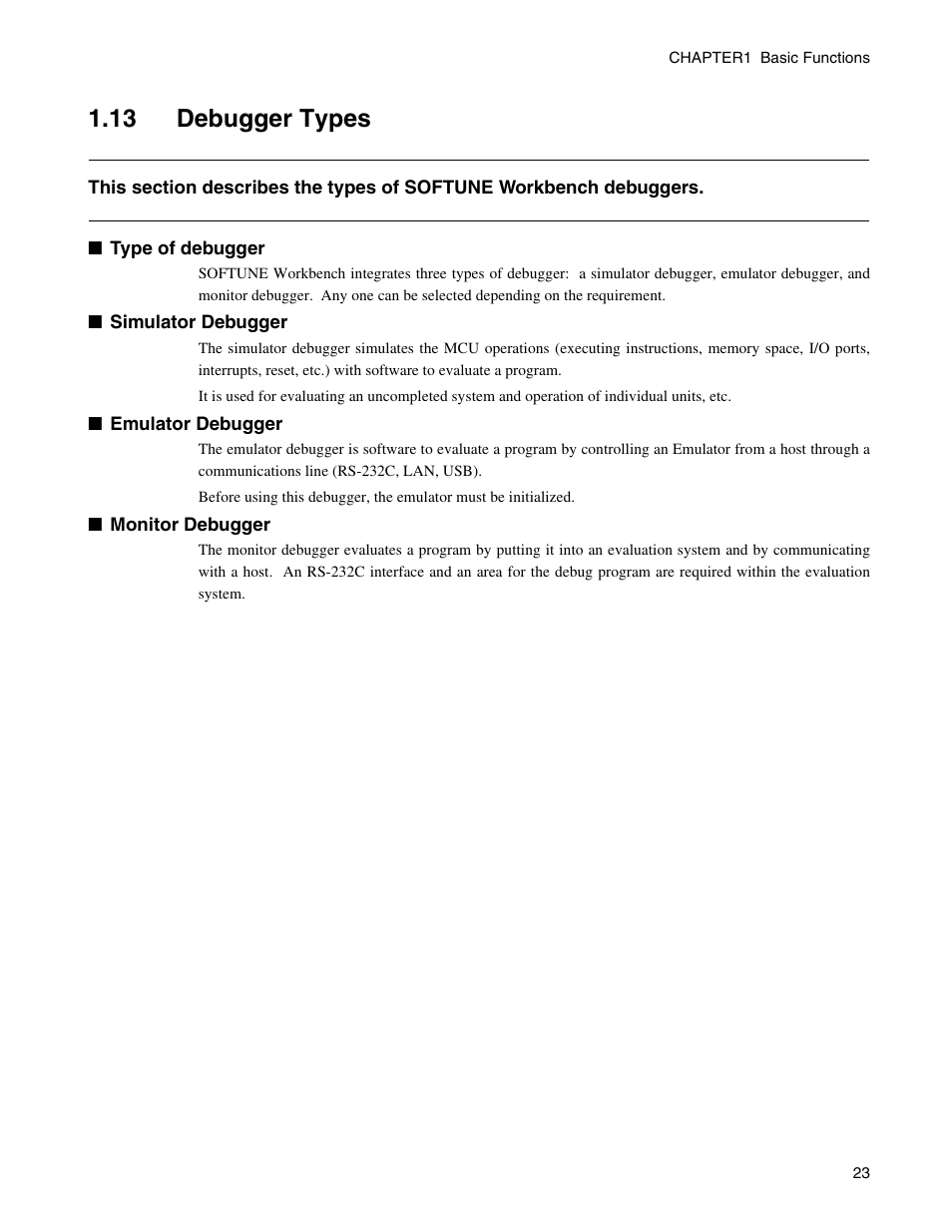 13 debugger types, Debugger types | FUJITSU CM71-00329-7E User Manual | Page 33 / 234