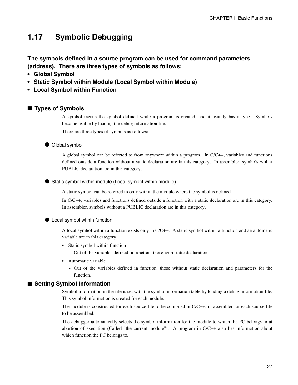 17 symbolic debugging, Symbolic debugging | FUJITSU CM71-00329-7E User Manual | Page 37 / 234