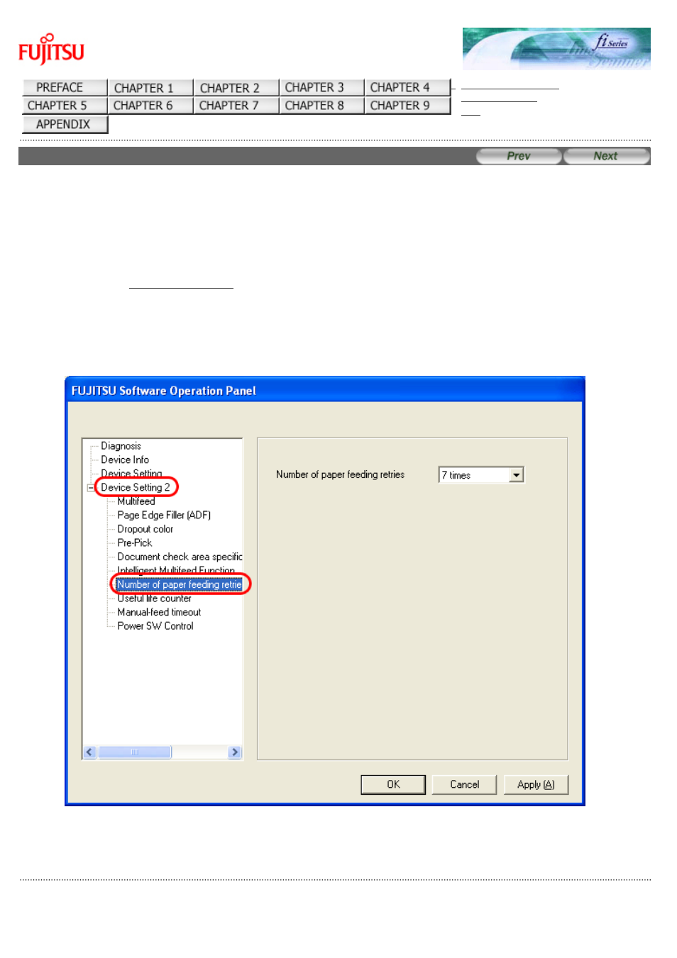 9 paper feeding retry times, Number of paper feeding retries | FUJITSU Image Scanner fi-6130 User Manual | Page 208 / 222