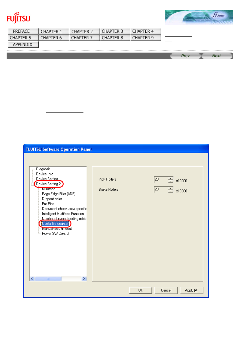 10 life counter setting, Useful life counter | FUJITSU Image Scanner fi-6130 User Manual | Page 209 / 222