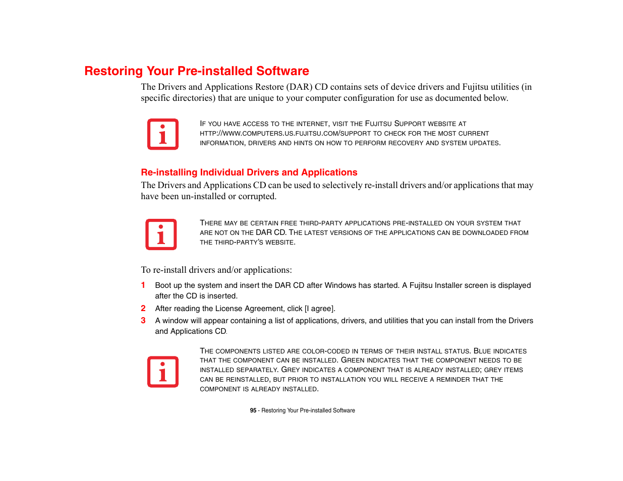 Restoring your pre-installed software, Re-installing individual drivers and applications | FUJITSU V700 User Manual | Page 100 / 161