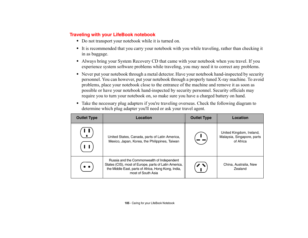 Traveling with your lifebook notebook | FUJITSU V700 User Manual | Page 110 / 161