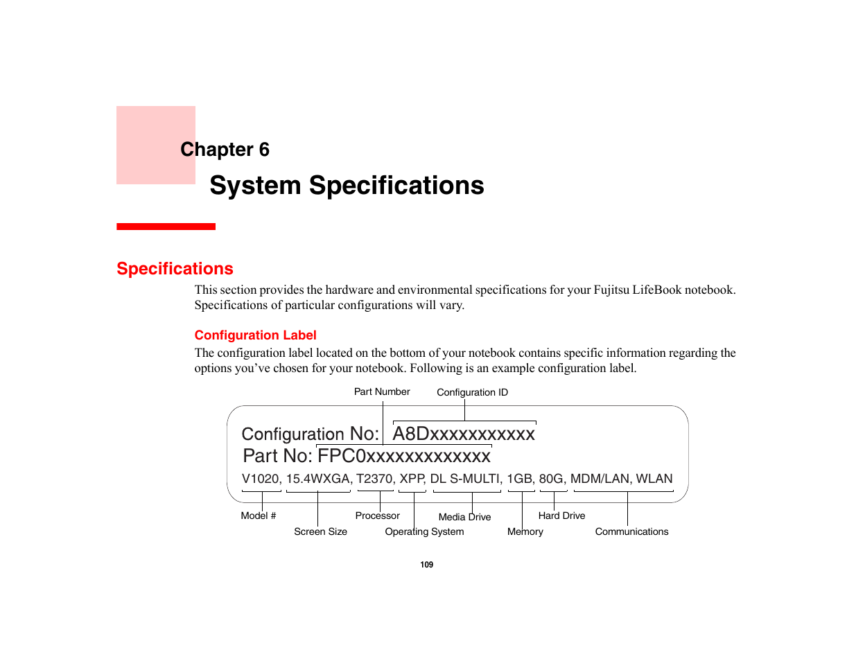System specifications, Specifications, Configuration label | Chapter 6 | FUJITSU V700 User Manual | Page 114 / 161