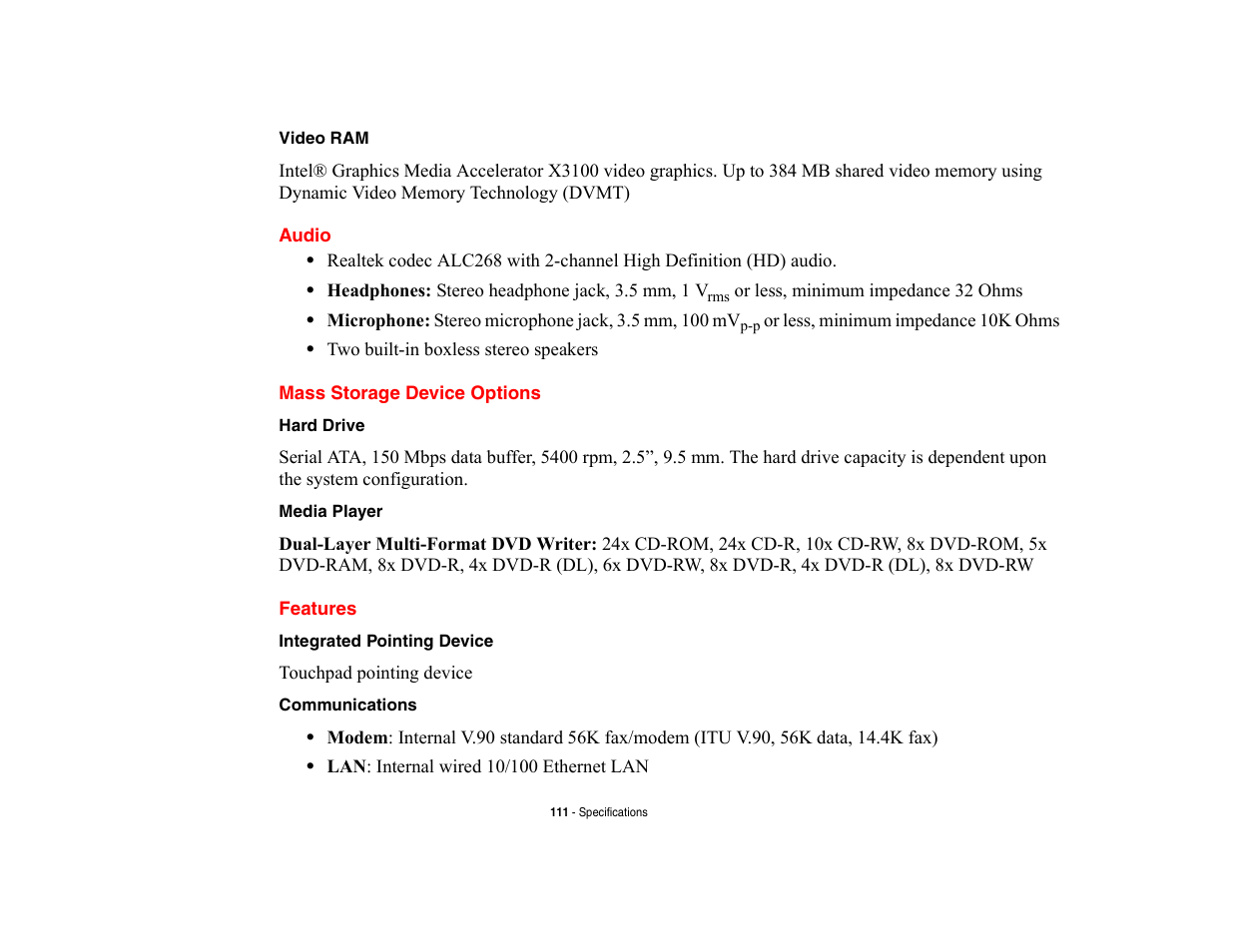 Audio, Mass storage device options, Features | Audio mass storage device options features | FUJITSU V700 User Manual | Page 116 / 161