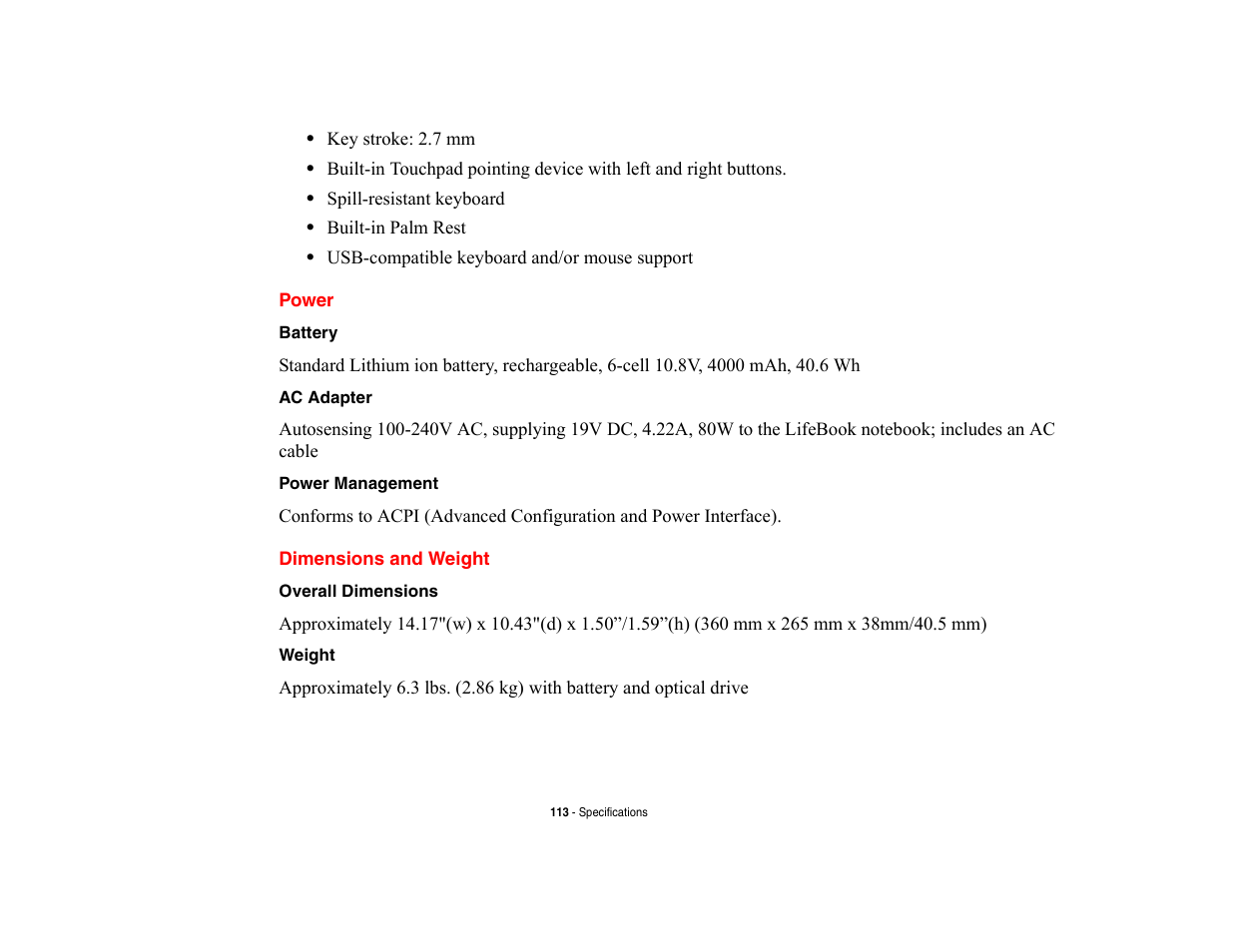 Power, Dimensions and weight, Power dimensions and weight | FUJITSU V700 User Manual | Page 118 / 161