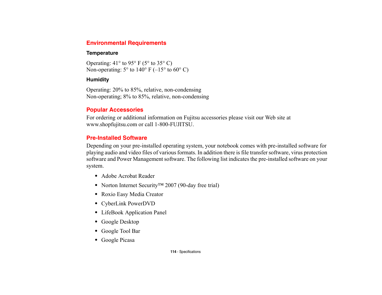 Environmental requirements, Popular accessories, Pre-installed software | FUJITSU V700 User Manual | Page 119 / 161