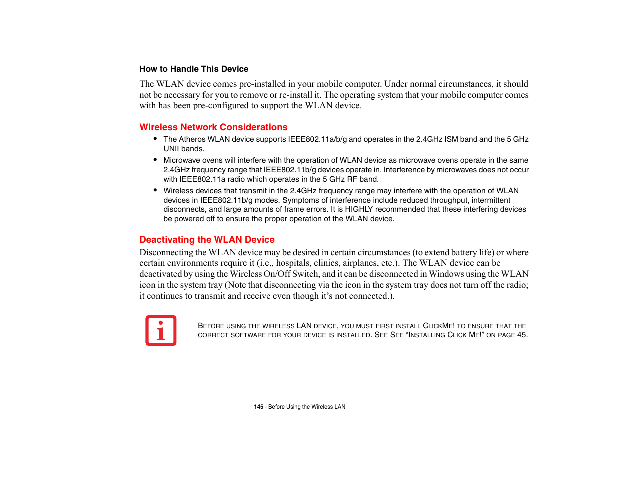 Wireless network considerations, Deactivating the wlan device | FUJITSU V700 User Manual | Page 150 / 161