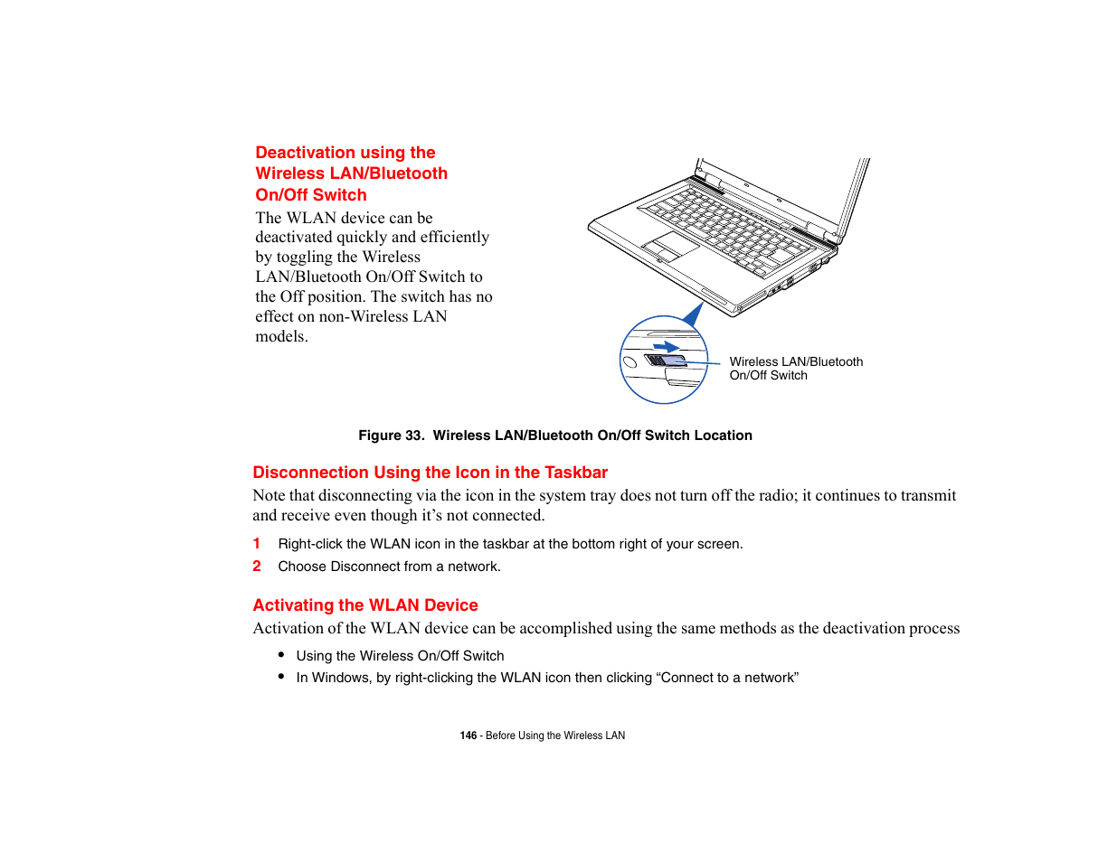 Disconnection using the icon in the taskbar, Activating the wlan device | FUJITSU V700 User Manual | Page 151 / 161