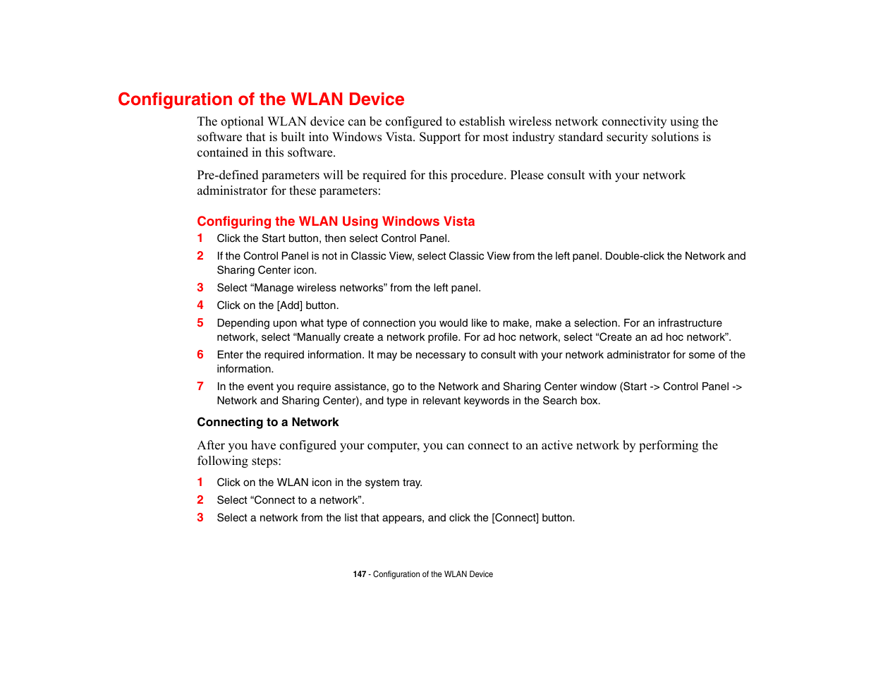 Configuration of the wlan device, Configuring the wlan using windows vista | FUJITSU V700 User Manual | Page 152 / 161