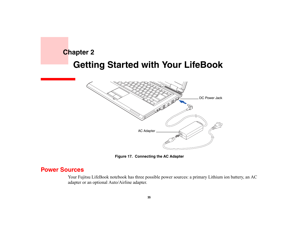 Getting started with your lifebook, Power sources, Chapter 2 | FUJITSU V700 User Manual | Page 40 / 161