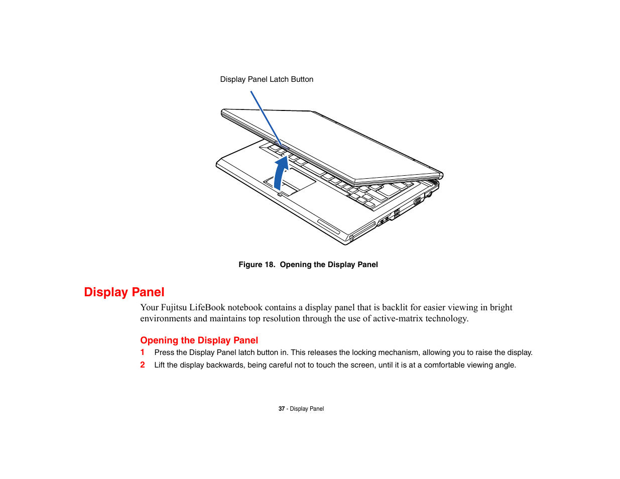 Display panel, Opening the display panel | FUJITSU V700 User Manual | Page 42 / 161
