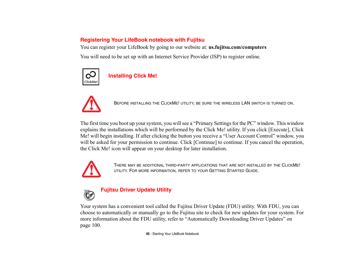 Registering your lifebook notebook with fujitsu, Installing click me, Fujitsu driver update utility | FUJITSU V700 User Manual | Page 50 / 161