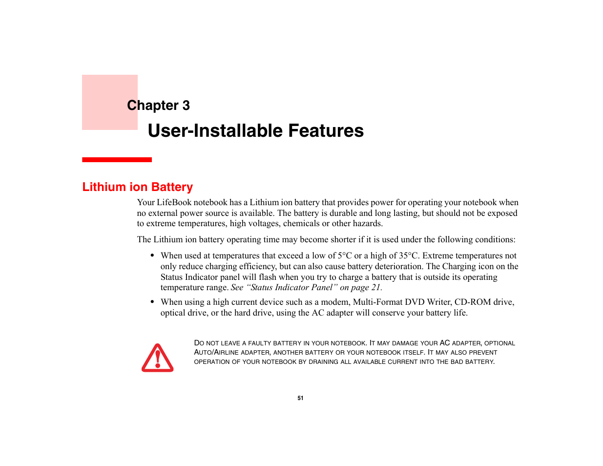 User-installable features, Lithium ion battery, Chapter 3 | FUJITSU V700 User Manual | Page 56 / 161