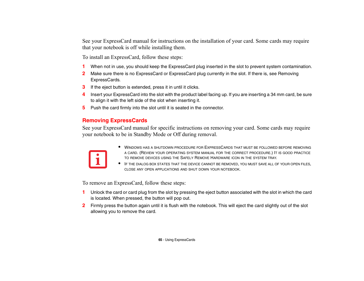 Removing expresscards | FUJITSU V700 User Manual | Page 70 / 161