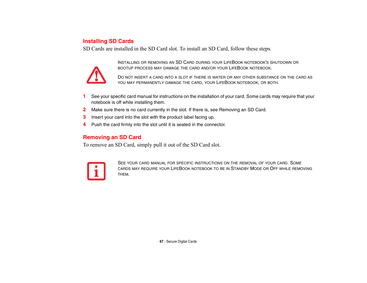 Installing sd cards, Removing an sd card, Installing sd cards removing an sd card | FUJITSU V700 User Manual | Page 72 / 161