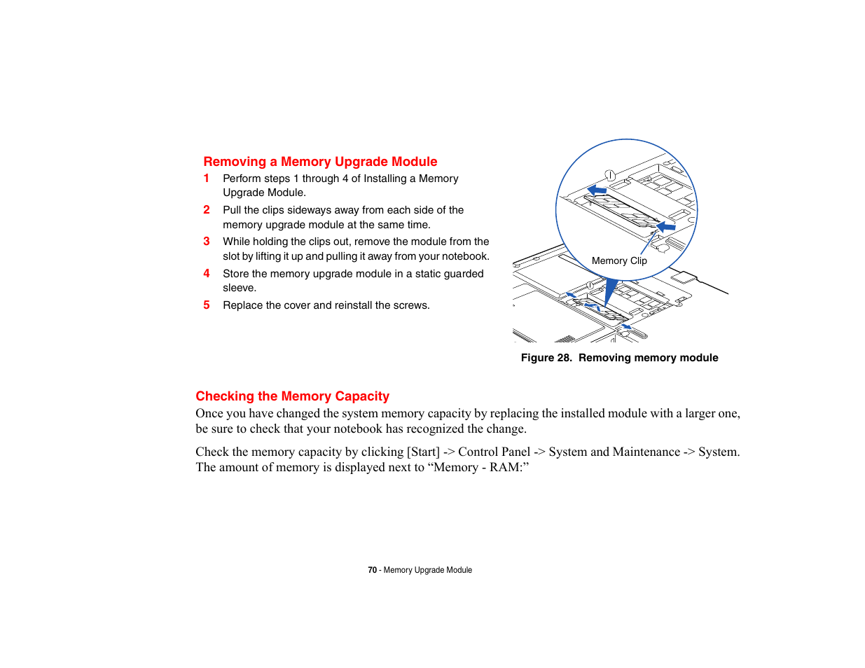 Removing a memory upgrade module, Checking the memory capacity | FUJITSU V700 User Manual | Page 75 / 161