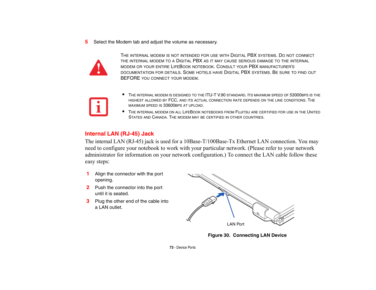 Internal lan (rj-45) jack | FUJITSU V700 User Manual | Page 78 / 161