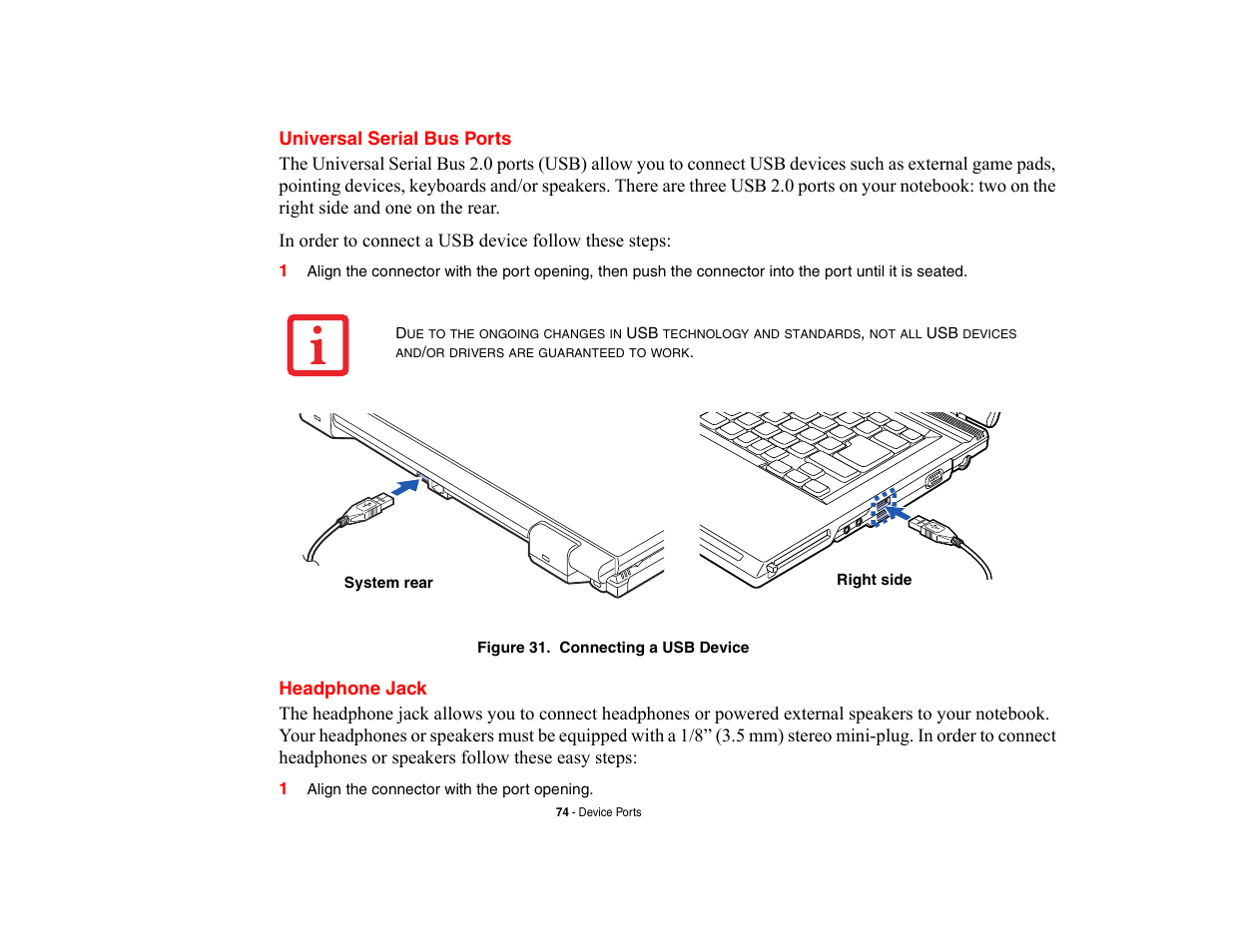Universal serial bus ports, Headphone jack, Universal serial bus ports headphone jack | FUJITSU V700 User Manual | Page 79 / 161