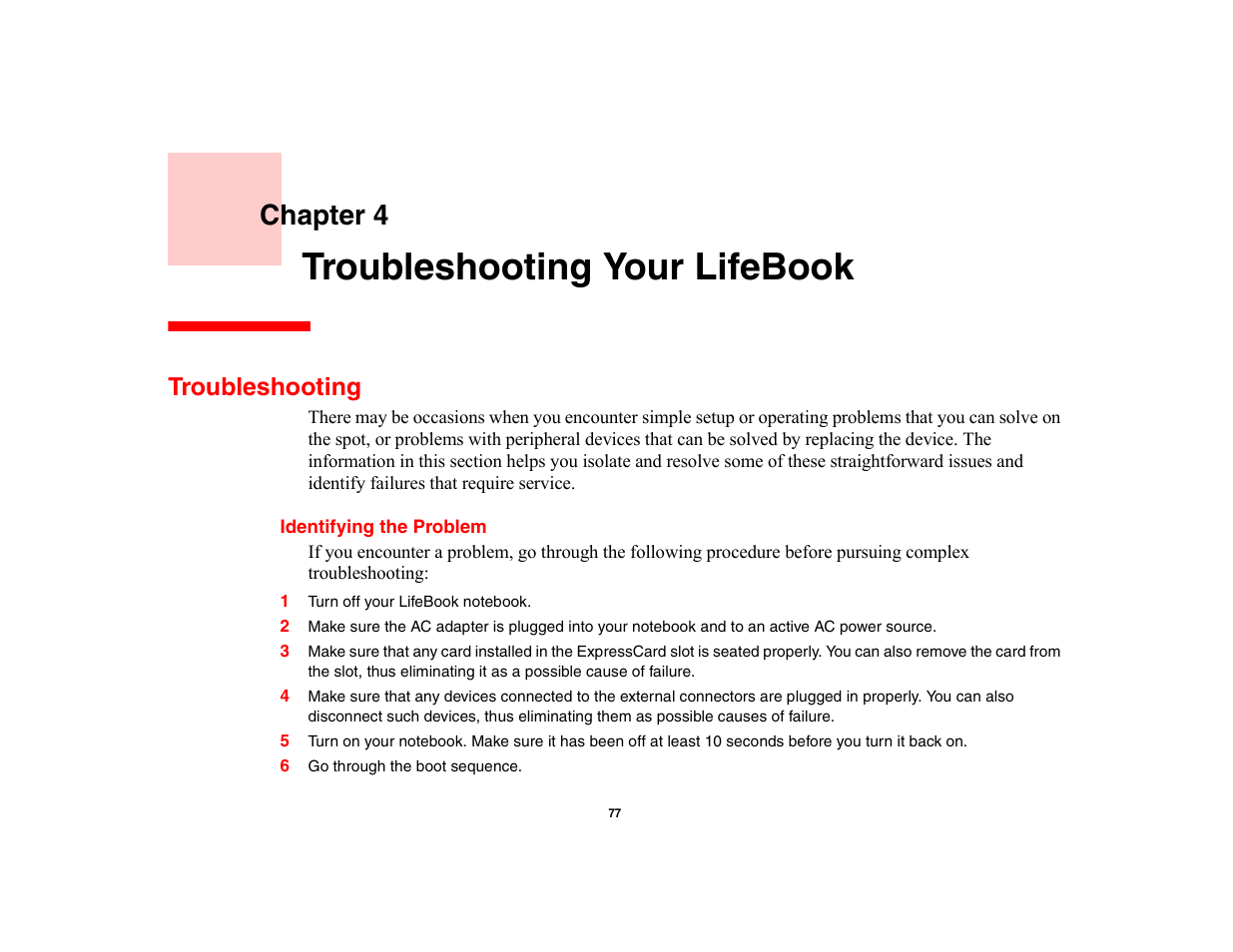 Troubleshooting your lifebook, Troubleshooting, Identifying the problem | Chapter 4 | FUJITSU V700 User Manual | Page 82 / 161